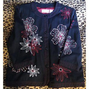ALFRED DUNNER WOMEN'S BLAZER JACKET SIZE 16 w/ EMBROIDERED FLORAL DESIGN BLACK